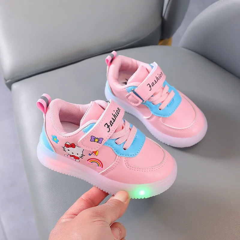 LED Kids Shoes for Girls Cute Cartoon Hello Kitty Shoes Baby Girl Kawaii Canvas Shoes Soft Bottom Sneakers Casual Shoes