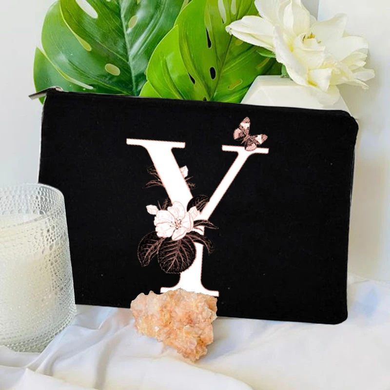 Initial Flower Bridesmaid Cosmetic Bags A-Z Letter Makeup Bag Make Up Pouch Cases Toiletry Organizer Wedding Bride Shower Gifts