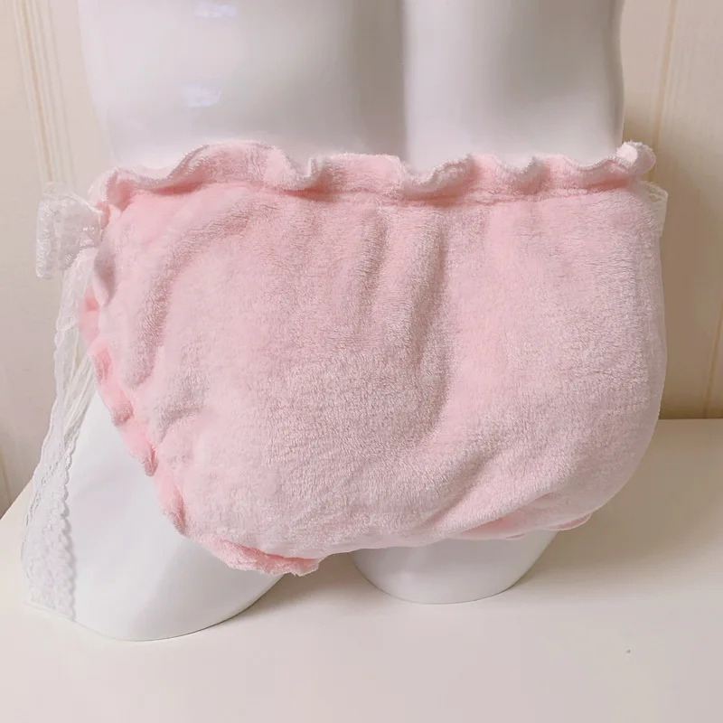 Men's Sexy Pink Flannel Lace Briefs Puffy Touch Warm Thick Soft Lolita Panties Light Weight Live Show Dance Panty Private Party