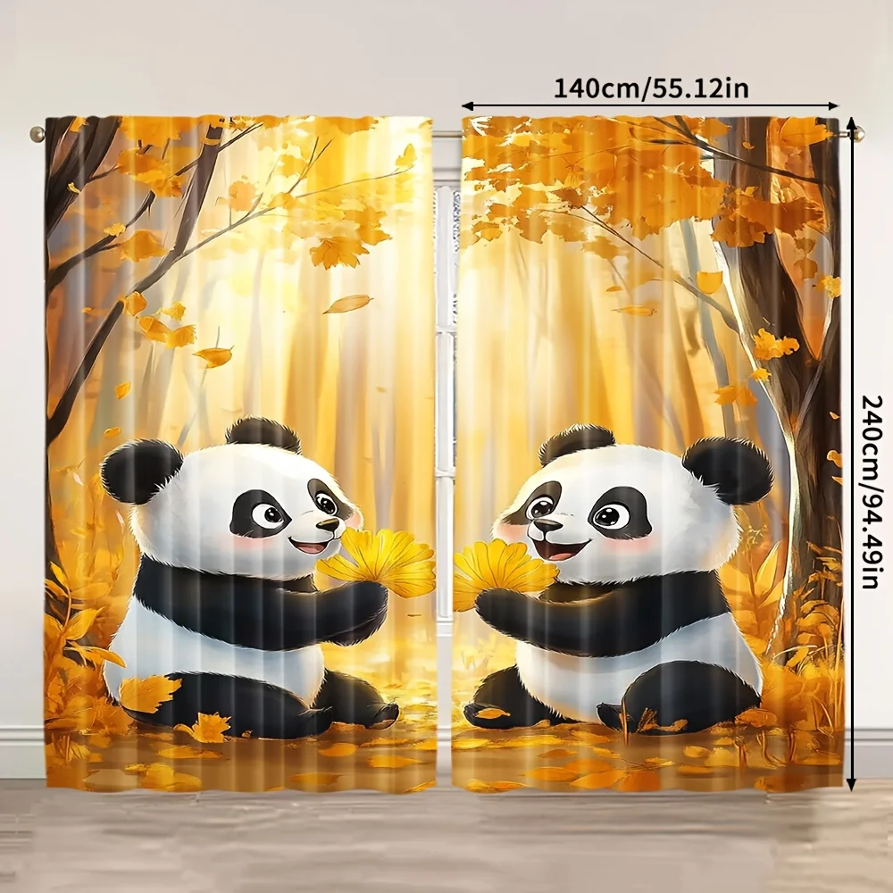 2pcs Autumn Panda Bamboo Forest Curtains Blackout Drapes for Kids Room Nursery Cute Animal Decor Golden Leaf Nature Print Panels