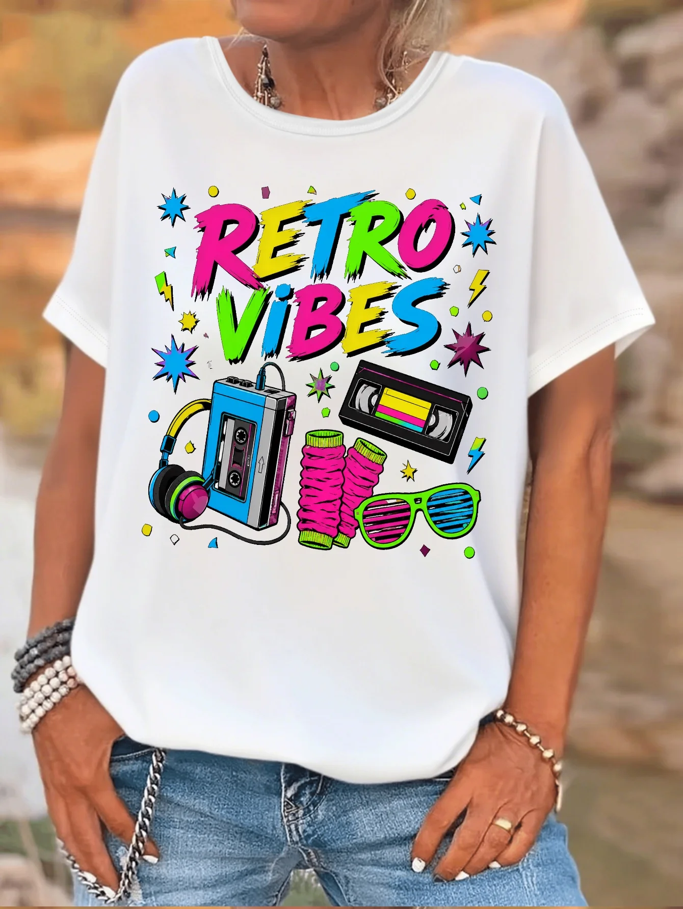 Cute Retro Vibes Cassette Player Headphones Art Print Graphic Ladies T Shirt Short Sleeve Crew Neck Casual Daily Tee Tops
