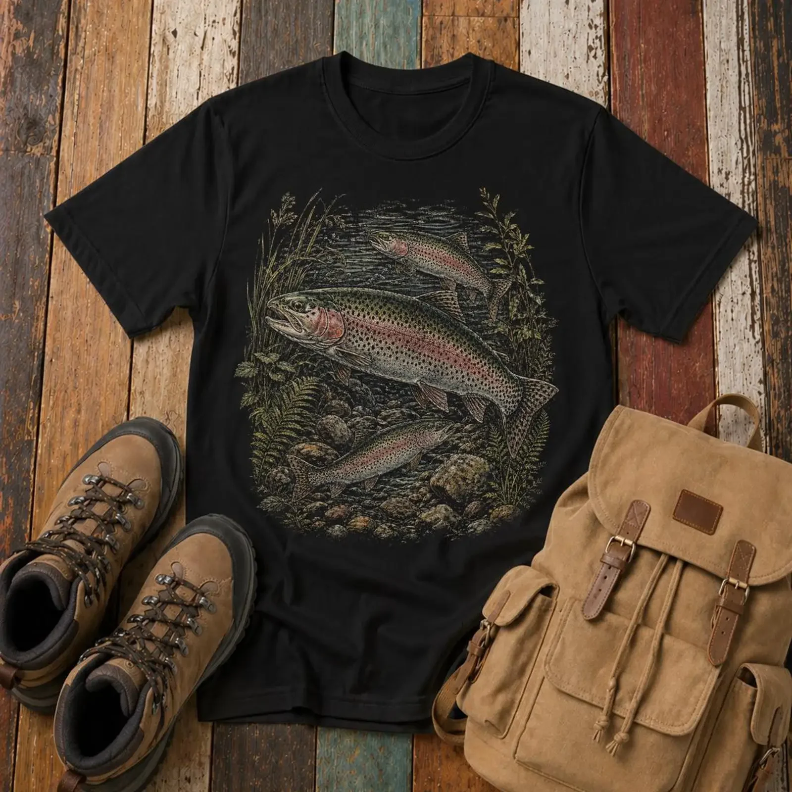 Vintage Rainbow Trout T Shirt Fly Fishing Nature Stream Retro Wildlife Angler Fisherman  vintage Washed Stylish
