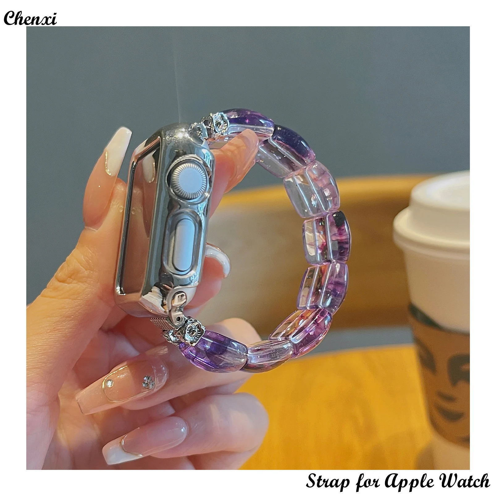 

Natural Stone strap for Apple watch band clear smudge elastic bracelet chain for IwatchSE Ultra 40 41 42 44 45 49mm women wrist