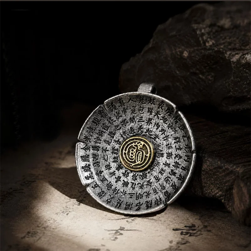 Retro Golden Light Mantra Safety Buckle Pendant Men Jewelry Ethnic Style Taoist Ziwei Taboo Rune Necklace Male