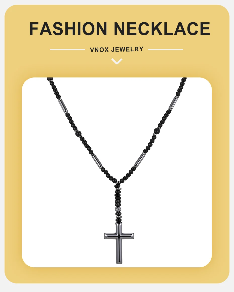 Vnox Hämatit-Kreuz-Anhänger-Halskette für Männer, Schwarze Onyx-Perlenkette, Langer Männerschmuck, Punk-Street-Style Geschenk – Detail 1