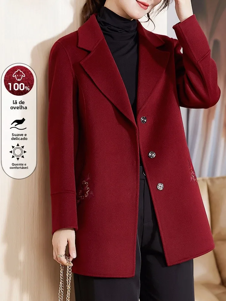 E Casaco de Lã Dupla Face Vermelho para Mãe, Estilo Moderno e Confortável para Outono/Inverno, Decote em V, Manga Regu...
