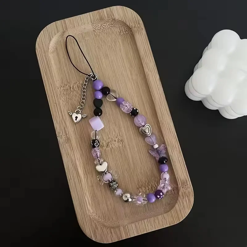 

Корейский фиолетовый браслет из бисера с цветком и бабочкой, подвеска-цепочка для телефона для iPhone, универсальная цепочка для аксессуаров, стильные ювелирные изделия