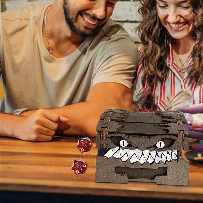 B03C-Dungeons Dragons Treasure Chest Monster الشكل - تخزين النرد والحرف الخشبية القابلة للجمع صندوق تخزين صناديق العملات المعدنية