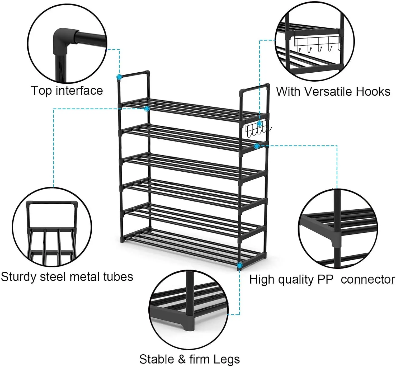 رف معدني لتخزين الأحذية ، 6 طبقات ، رف قابل للتعديل ، منظم مع خطافات ، حذاء قابل للتكديس ، تخزين للمداخل
