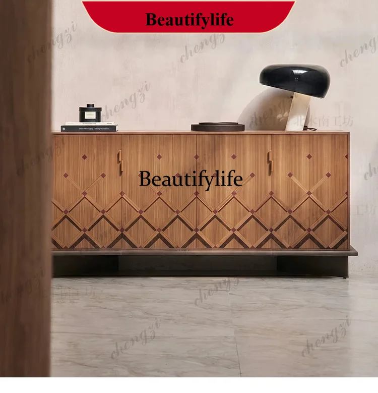 p182 Modern simple solid wood dining side cabinet geometric rhombus pattern locker living room furniture