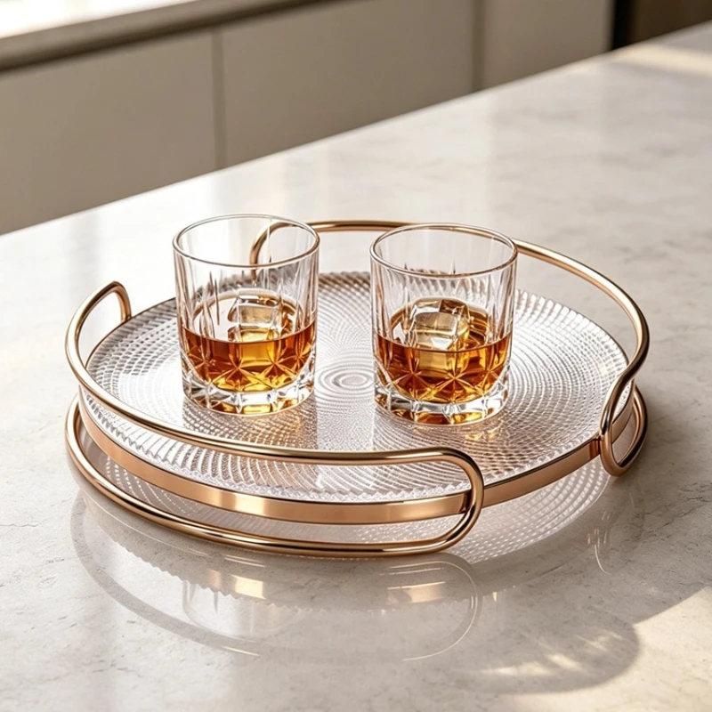Round Tray Metal Glass Trays Minimalist Living Room Coffee Table Tray Nordic Modern Decorative Trays for Bedroom and Restroom