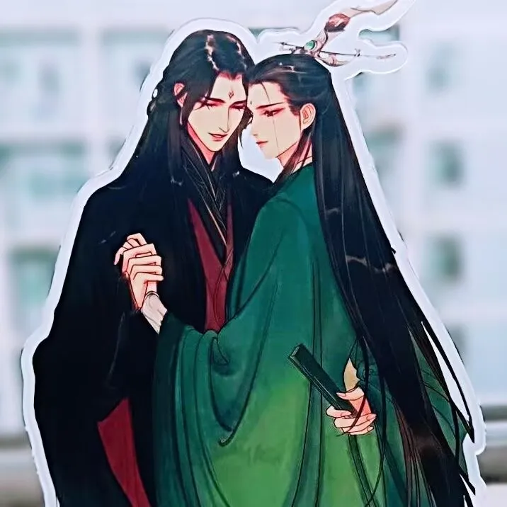 "악당과 악당을 위한 자가 구조 시스템" 주변에 "Shen Qingqiu와 Luo Binghe"라는 아크릴 스탠딩 사인이 있습니다.