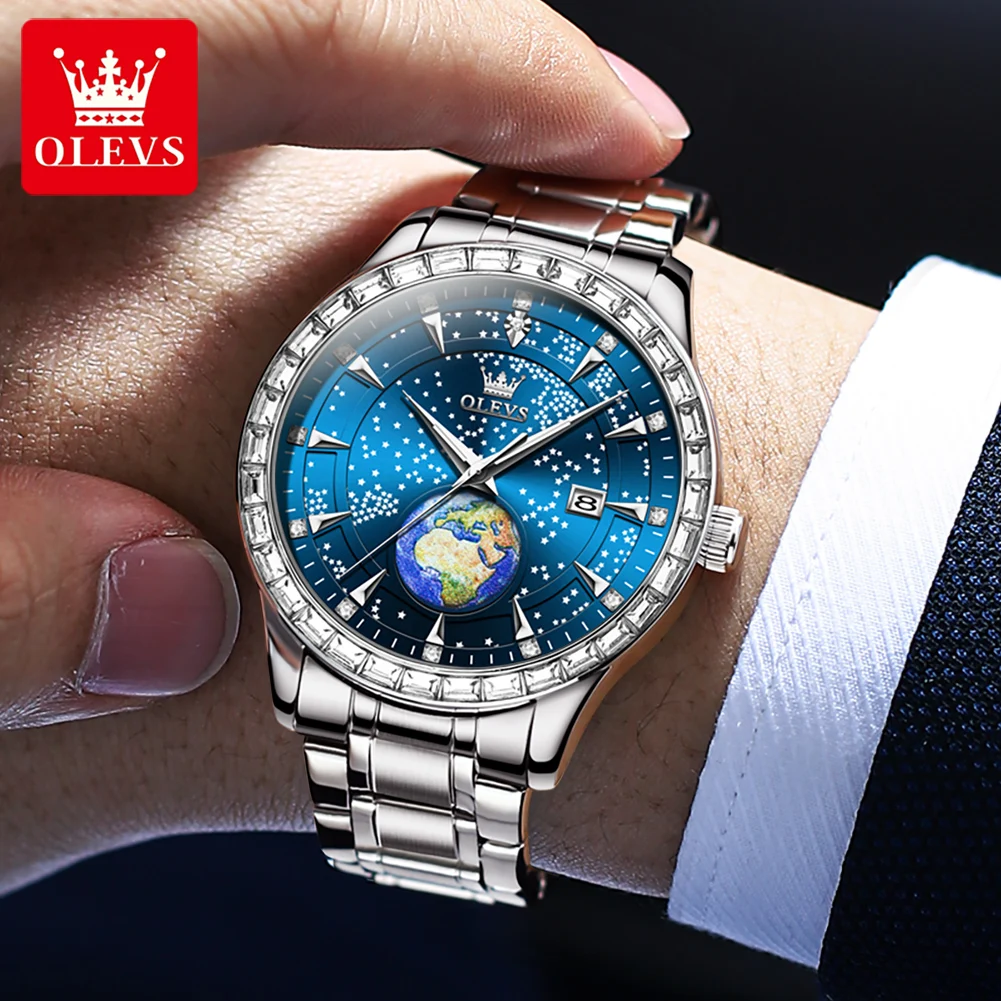 OLEVS 9967 Herenhorloge Luxe Originele Diamant Sterrenhemel Aarde Heren Quartz Horloge Topmode Waterdichte Automatische Kalenderklok