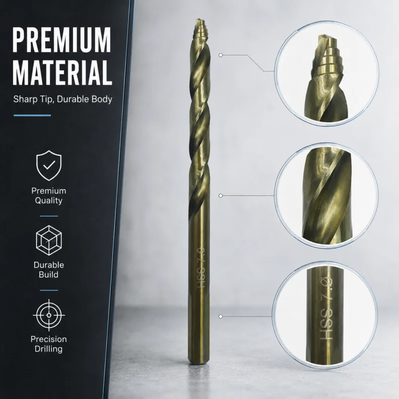 7mm HSS Cobalt Twist Drill Bit Titanium Coated Straight Shank Drill Bit for Metal Wood Plastic DIY Power Drilling Work