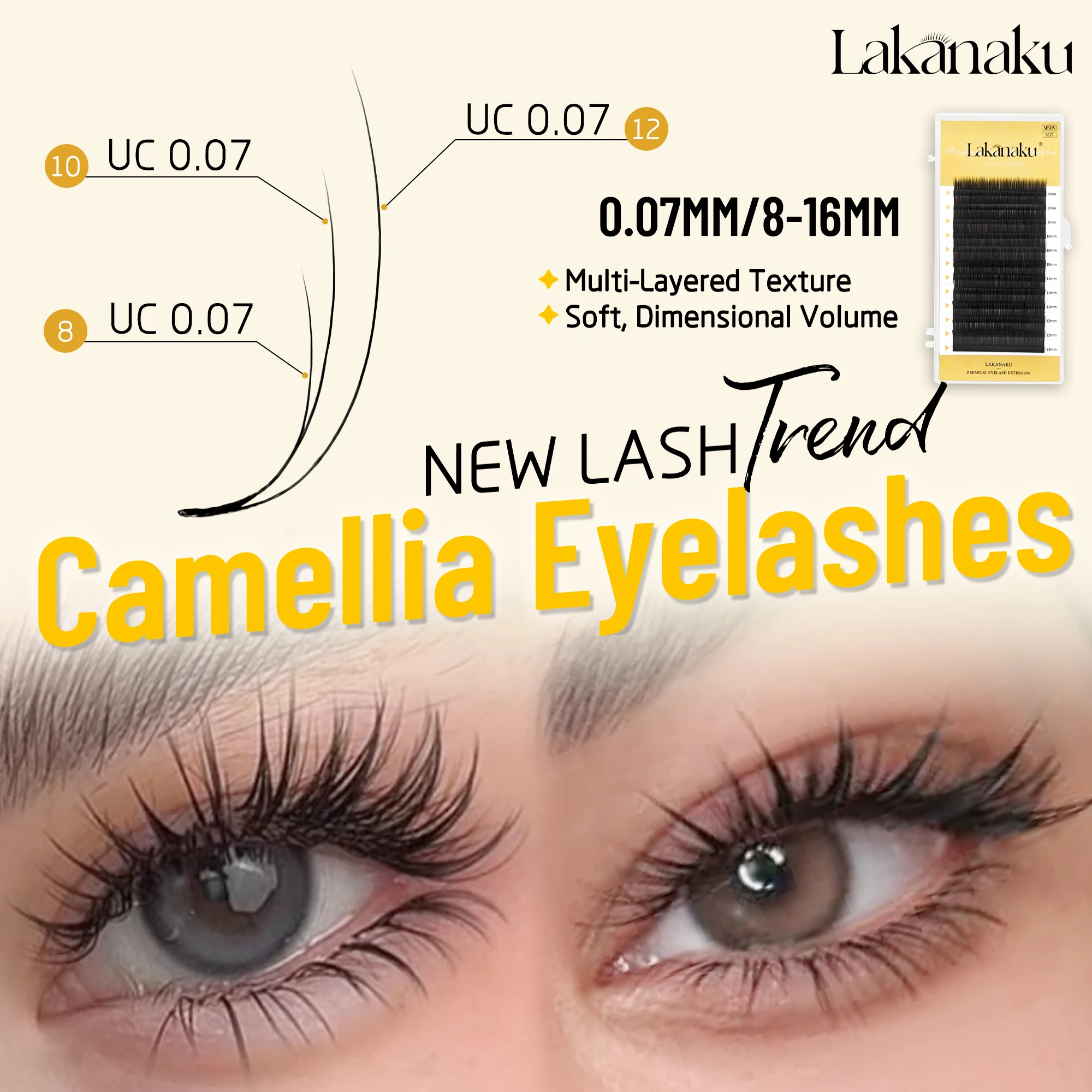 LAKANAKU UB UC Curl Multi Layer Camellia Lashes with Adhesive Eyelash Extensions Single Length Russian Volume Fluffy Lashes