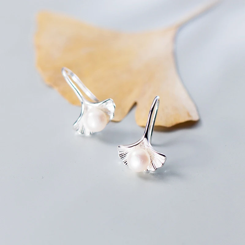 925 Sterling Silver Small Fresh Ginkgo Leaf Fresh Water Pearl Sweet Short Drop Earrings