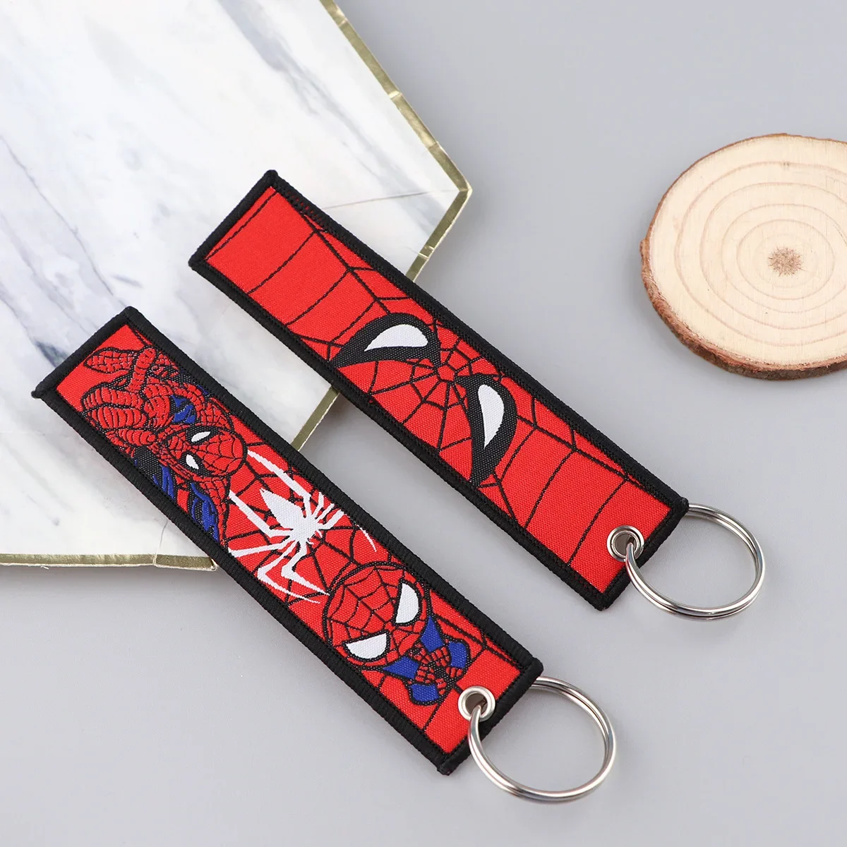 Spiderman Fashion Cartoon Knitted Keychain Pendant Fabric Anime Keychain Spider Man Accessories Double Sided Embroidery Patter