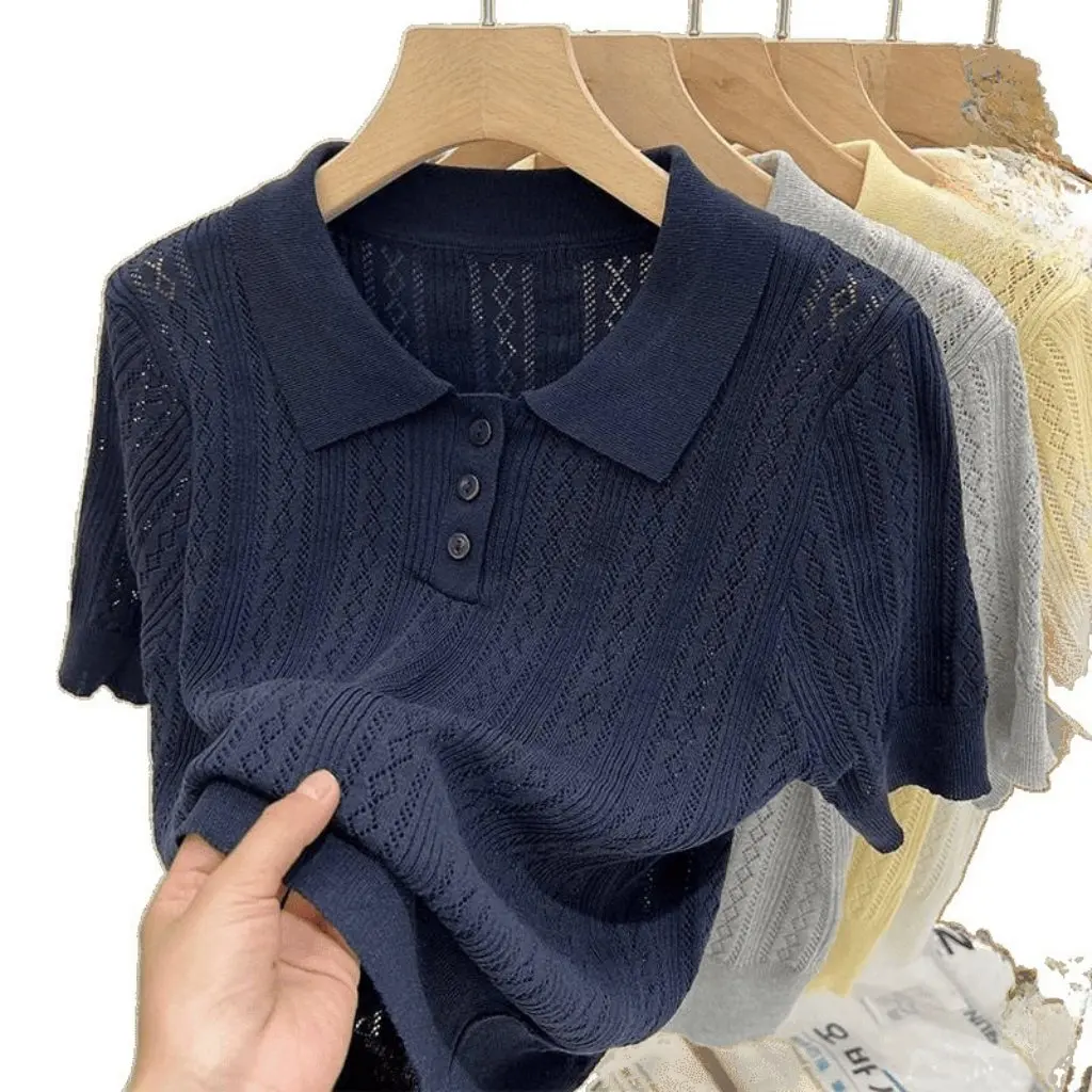 

Women's Yellow Knitted Short Sleeve Hollow Out Collar Top Summer New Fashion Unique Small Audience Half Sleeve Shirt