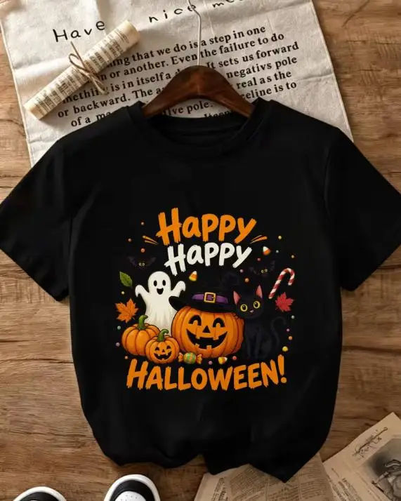 Back to School Tops for Women Happy Halloween Graphic T Shirt Campus Casual Style Crew Neck Short Sleeve Tee Pumpkin Ghost Black Cat Print Fall Casual Tops