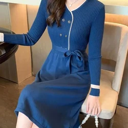 Casual Robe Knitwear Sweater Dresses V-neck Lace Up Elegant Knitted Dress Long Sleeve Fall Winter Mid-length Vestidos Women