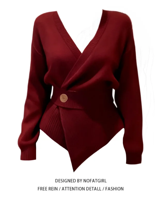 

plus Size Women's Vintage Wine Red V-Ne Waist-Cinched Knitwear Long Sve White-Enhancing Top for Autumn Winter