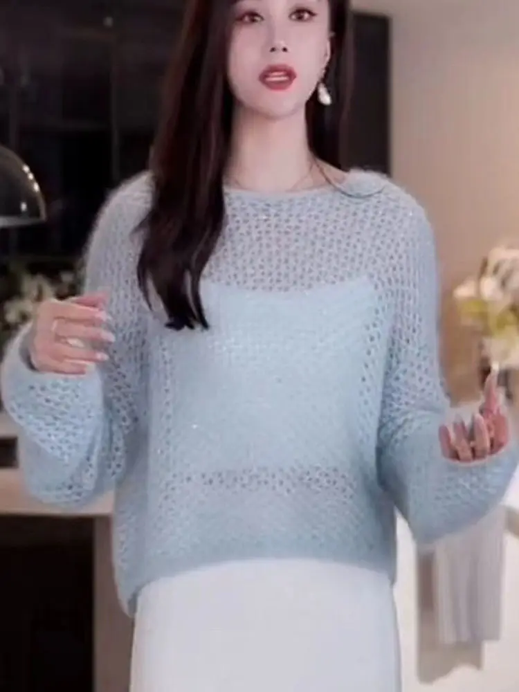 

Spring Summer Korean Style Lazy Knitted Long Sleeve Thin Sun Protection Loose Top Hollow out Fashionable Women's Knitwear