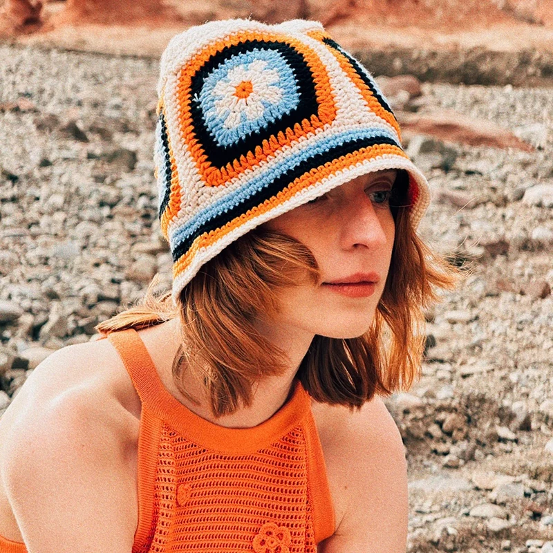 Winter Colorful Handmade Basin Hat Women Men Crochet Bucket Hat Panama Cap Rainbow Flower Knitted Hat  Korean Style Beanies