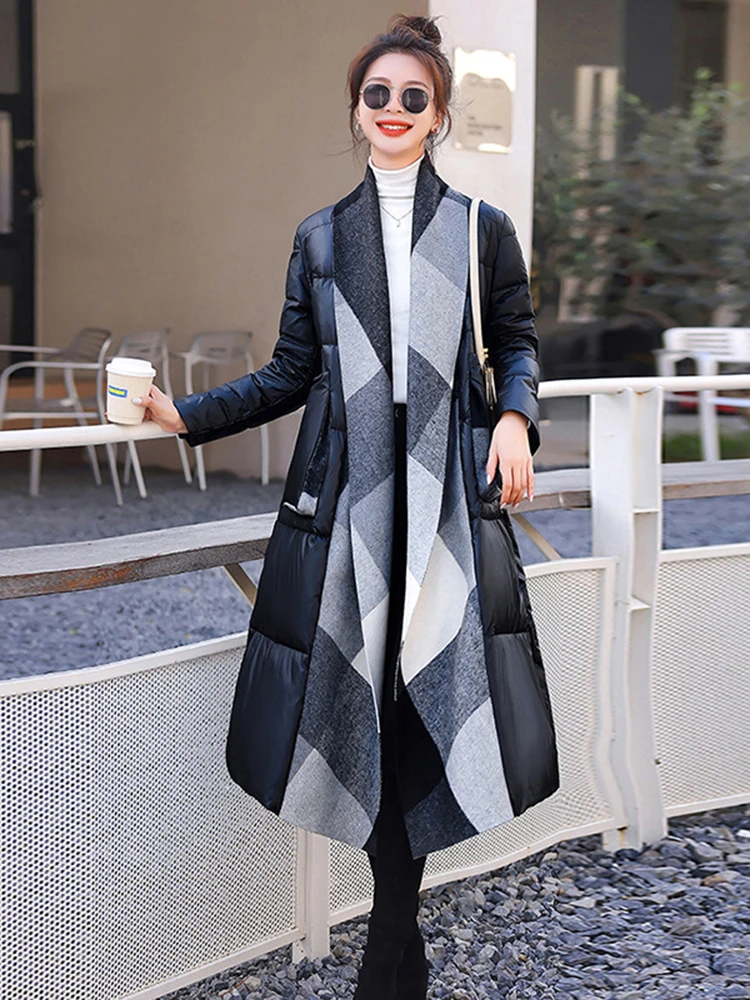 Winter Long Woolen Splicing Down Jacket Women White Duck Down Thick Down Jackets Female Pocket Warm Knee Length Parker Outwears