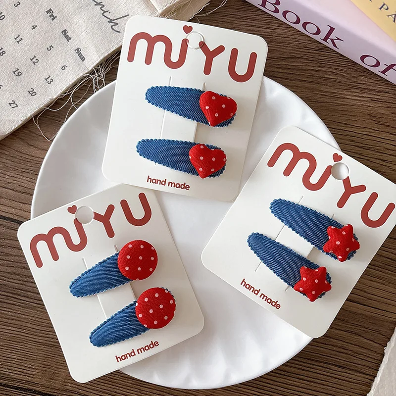 

2pcs Children's Hairpins Fabric Red Blue Denim Polka Dot Hair Clip Love Star Water Drop Girls Bangs Side Clip Hair Accessories