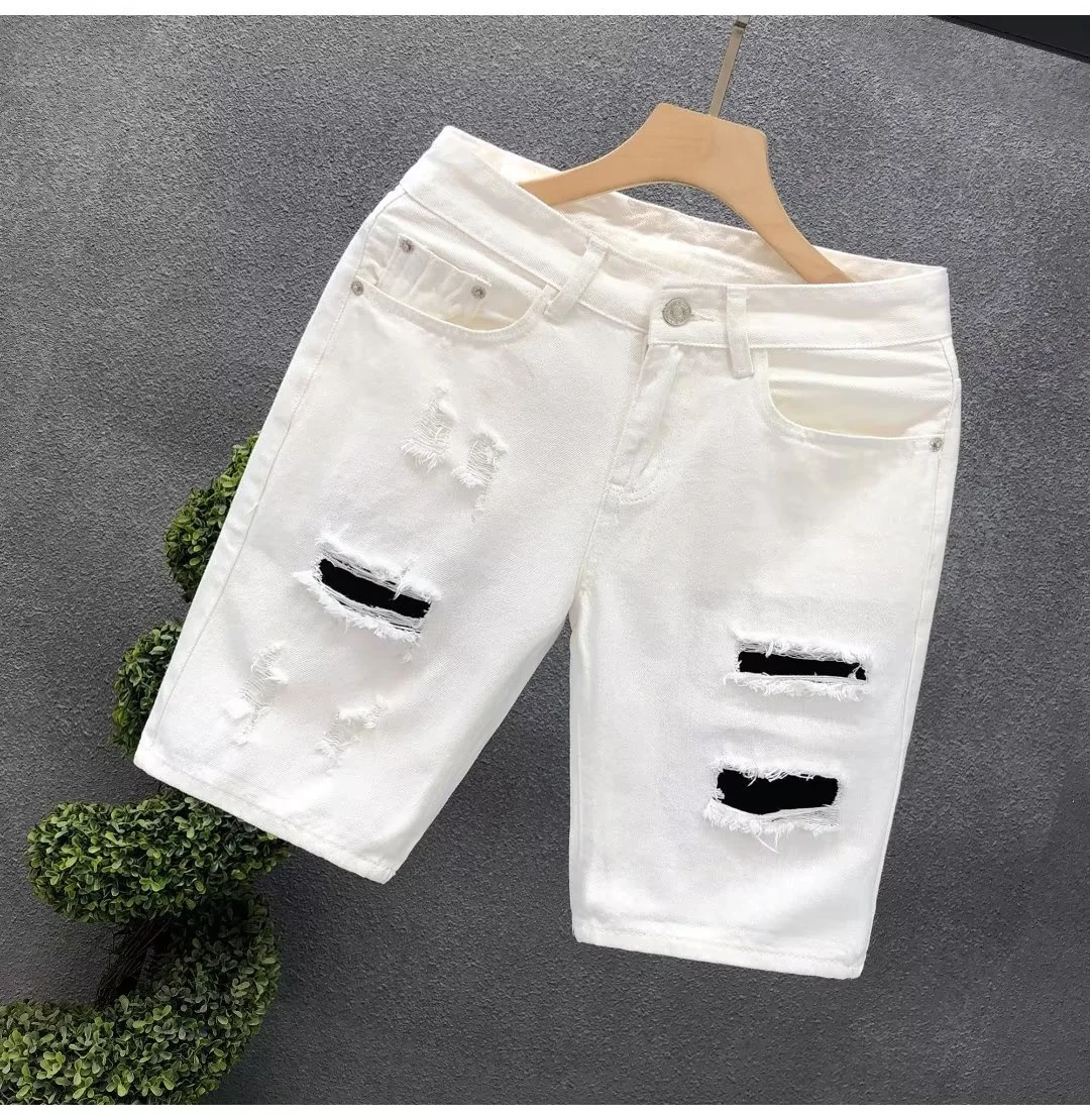 Summer Men Worn Hole Denim Shorts Fashion Brand Loose Straight White Short Pants