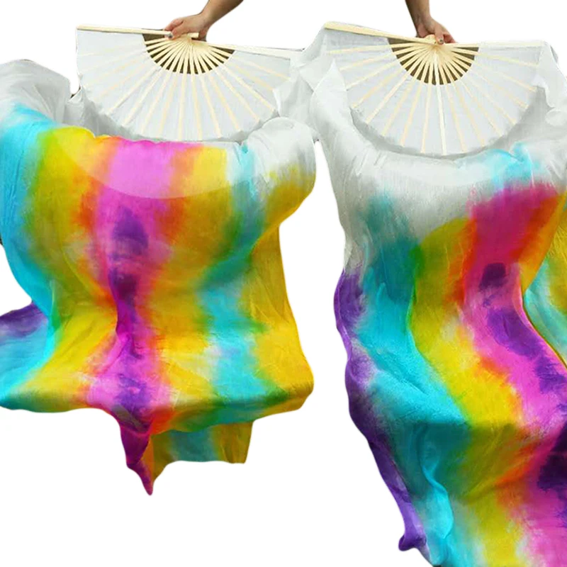 Handmade Silk Veil Tie Dyed One Pair Belly Dance Floral Bamboo Fan Veil 180cm For Women Adults Stage Performance Show Props Hot