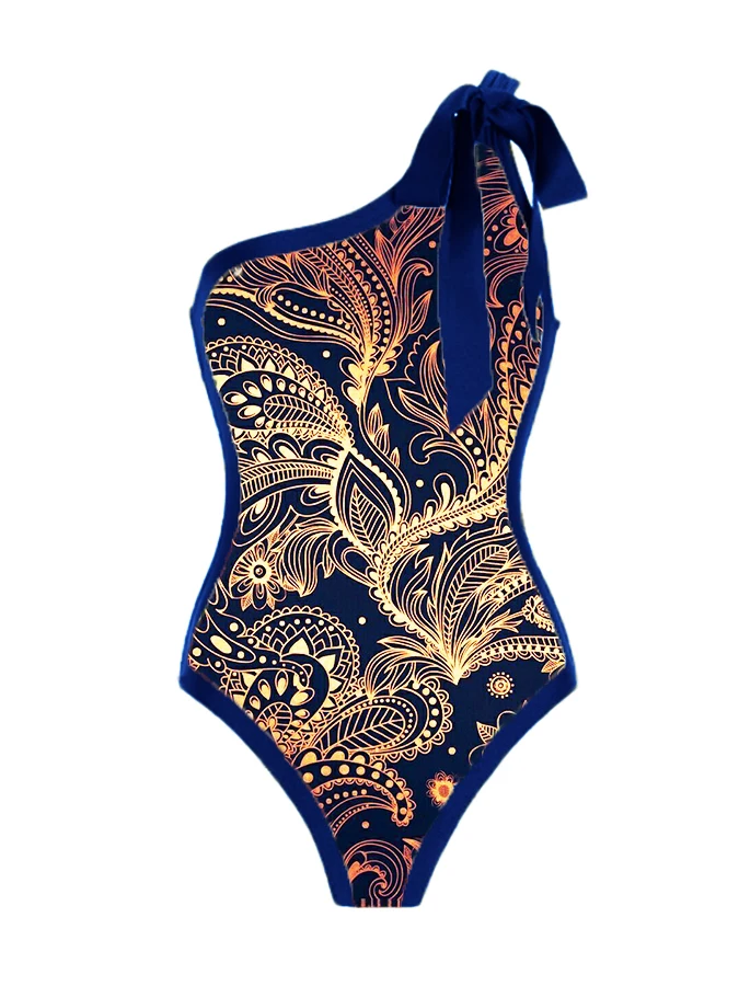 Blue And Gold Floral Print Women's One-Piece Swimsuit And Covered One-Shoulder Lace-Up Skinny Bikin Vintage Chic Resort Dress