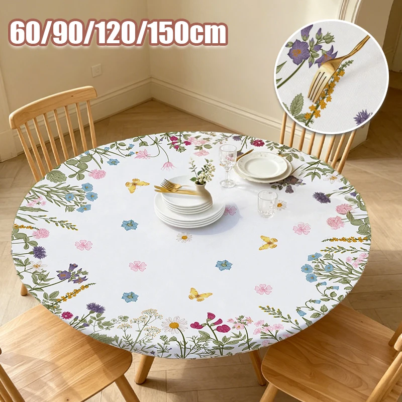 Country Style Round Table Protector Wildflower Butterfly Print Stretch Tablecloth Scratch-Proof Table Cover for Indoor Outdoor