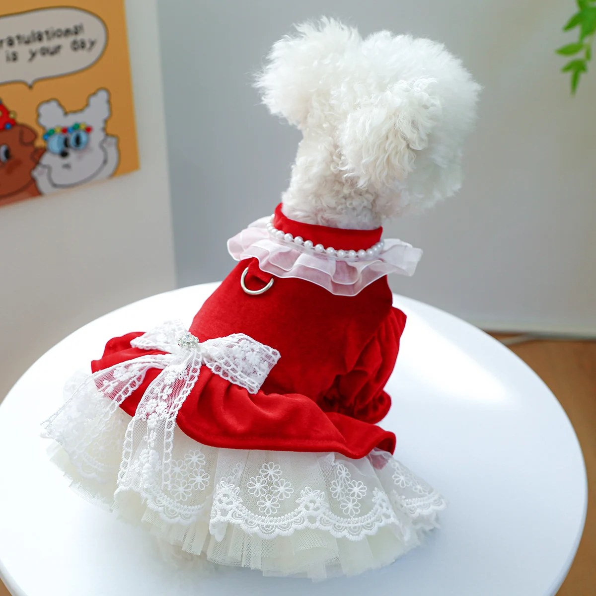 1PC Pet Clothing Cat Spring Autumn Red Velvet Bowknot Princess Dress Wedding Dress With Drawstring Buckle For Small Medium Dogs