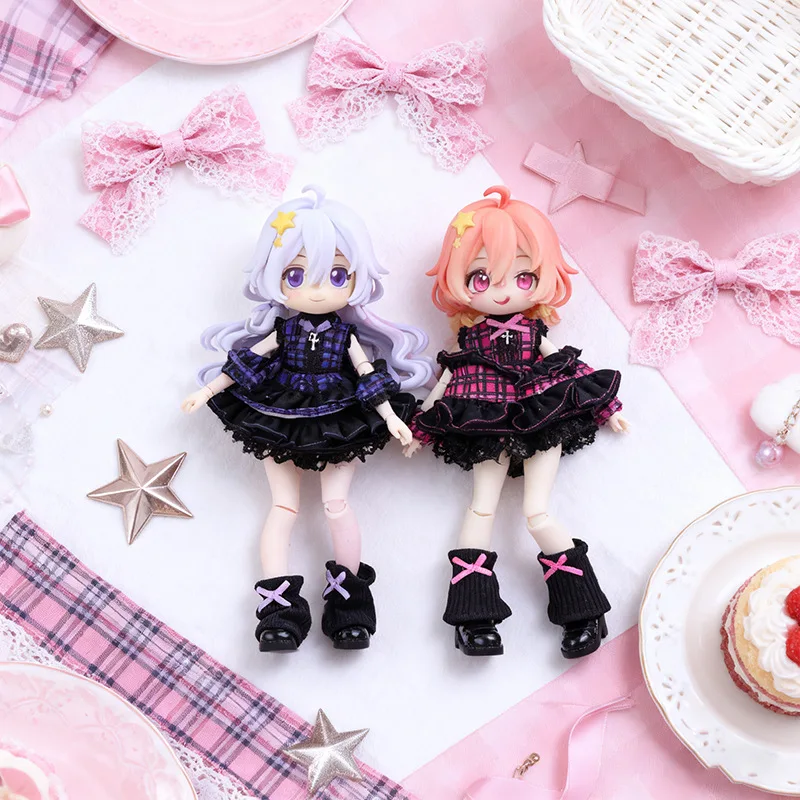 OB11 Doll Clothes Gothic Lolita Plaid Dress Idol Star 1/12 BJD Outfit Lace Skirt Socks Shoes For GS Obitsu11 Doll Accessories view 3