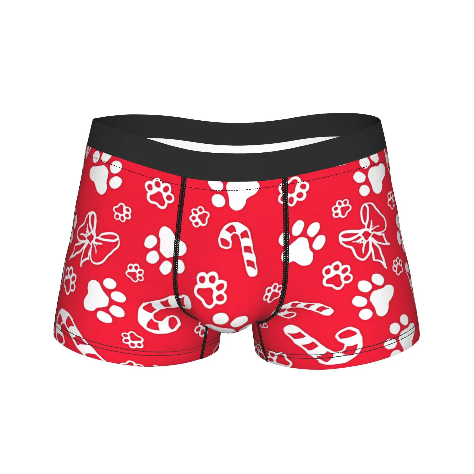 Men's Christmas Candy Cane Paw Long Underwear  Funny Boxer Briefs Shorts Panties Male Soft Underpants M-XXL