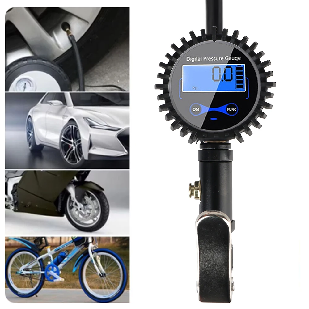 Aluminum Alloy Air Line Clip-on Tyre Pump Inflation Monitoring Manometer LCD Digital Universal Tire Pressure Inflator Gauge