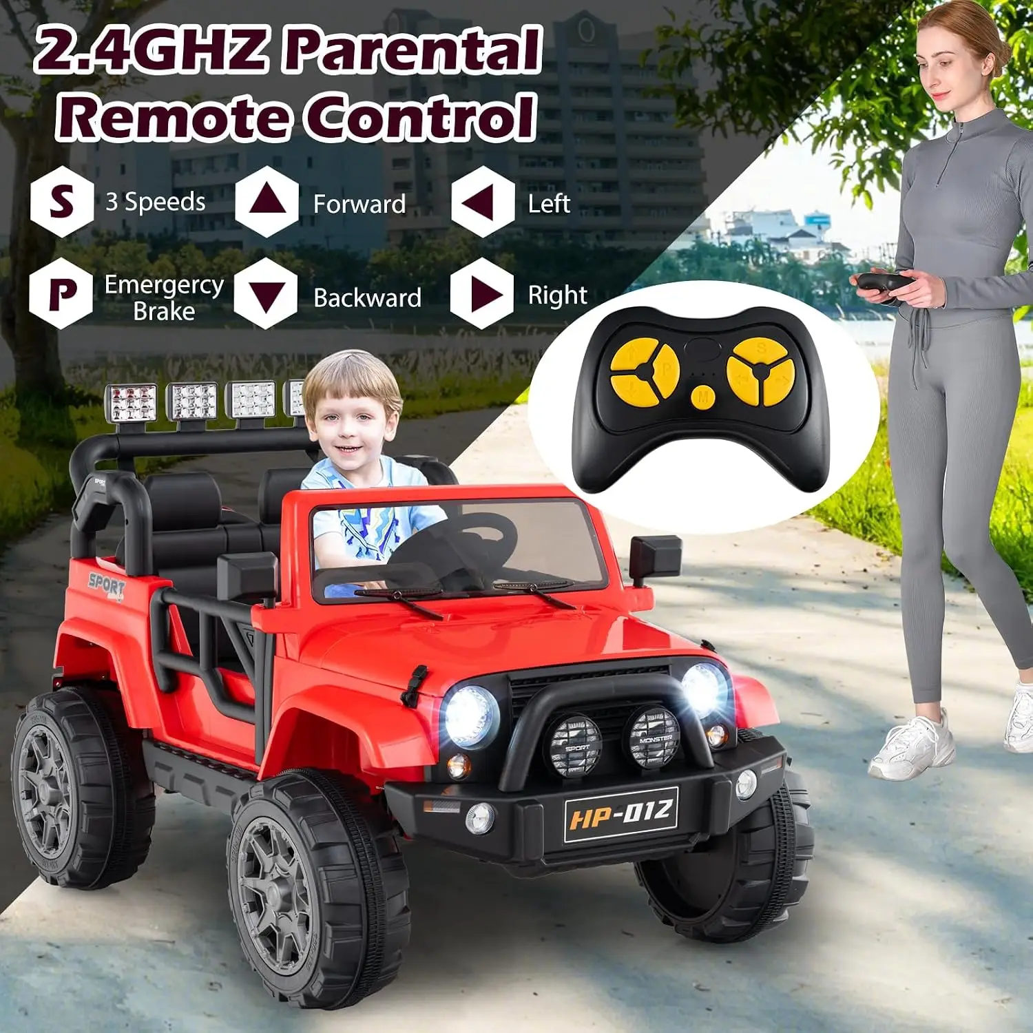 OLAKIDS 2 Seater Ride on Truck, 12V Battery Powered Electric Vehicle for Kids with Remote Control, Power Display, LED Lights, St