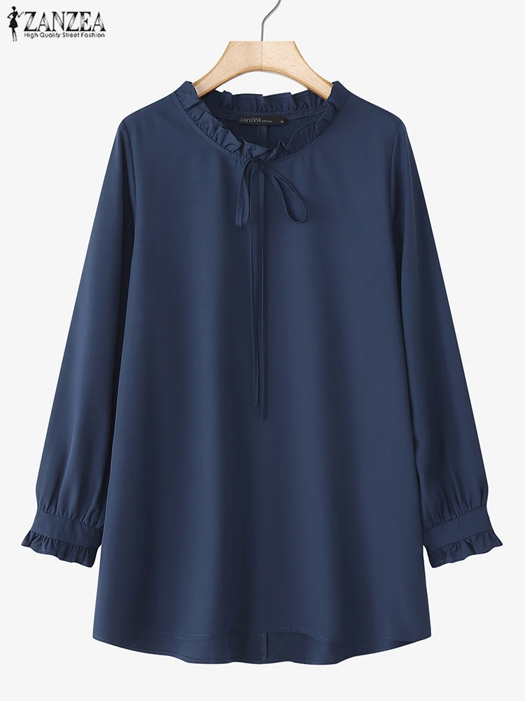 ZANZEA Women Elegant Blouses Fashion Solid Color Tops 2025 Lace-Up Pullover Autumn Office Work Blusas Casual Loose Ruffled Tunic