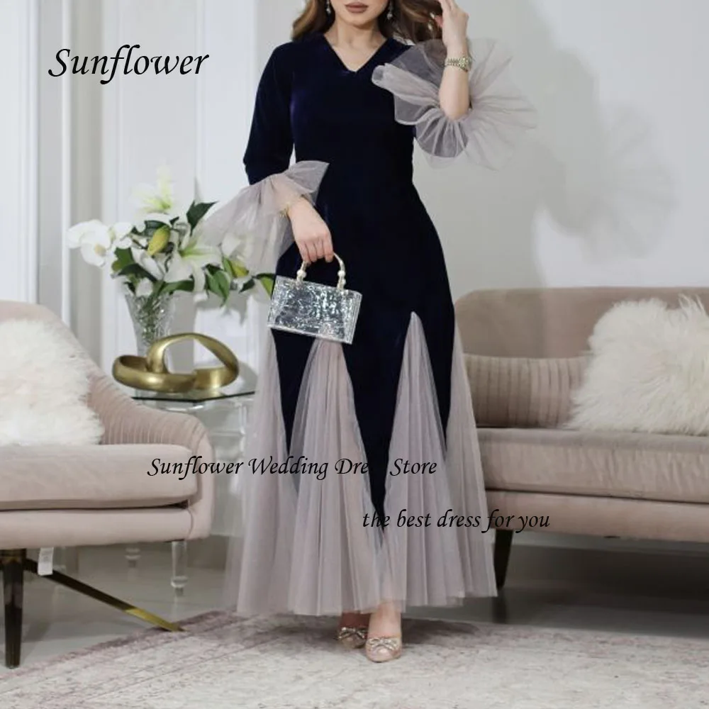 

Sunflower V-Neck Formal Evening Dress 2023 Simple Slim Pleat Tulle Prom dress A-LINE Long Sleeve Ankle-Length Party Gowns