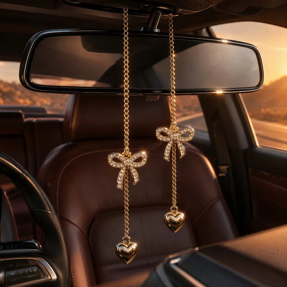 Creative Fashion Inlaid Zircon Bow Heart Car Rearview Mirror Hanging Ornament Key Chains Women's Vehicle Interior Charm Jewelry