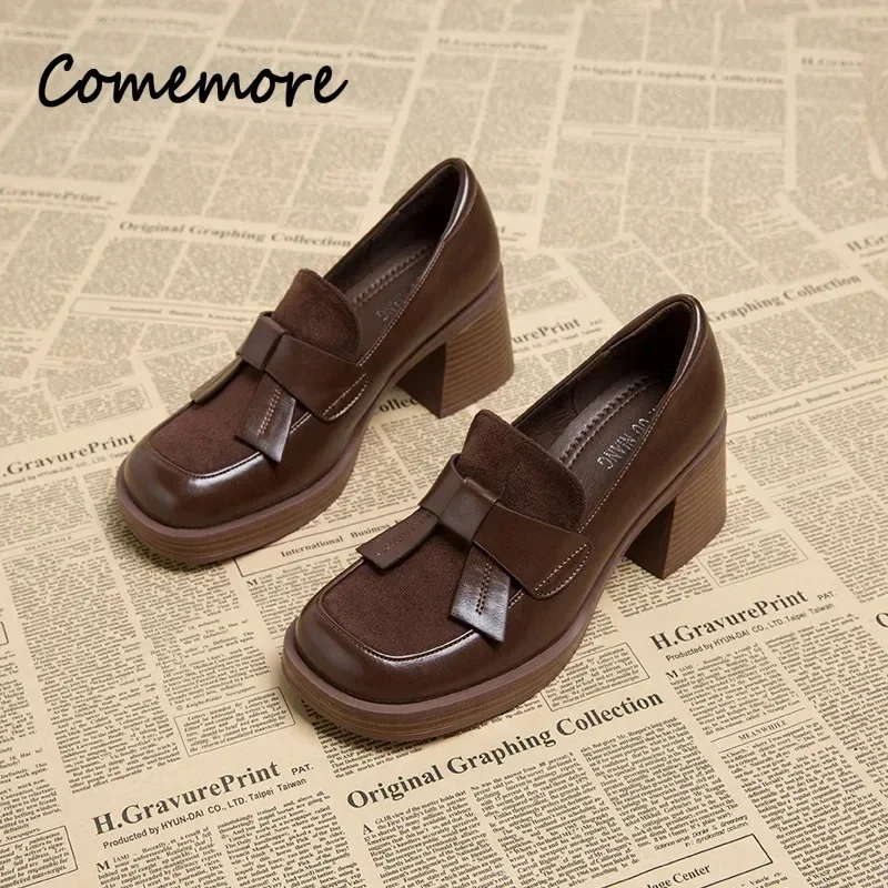 Comemore Loafers Chunky Burst Women Shoe Brown Leather High-heeled Pumps Luxury Woman Heel Platform British Style Women\'s Shoes