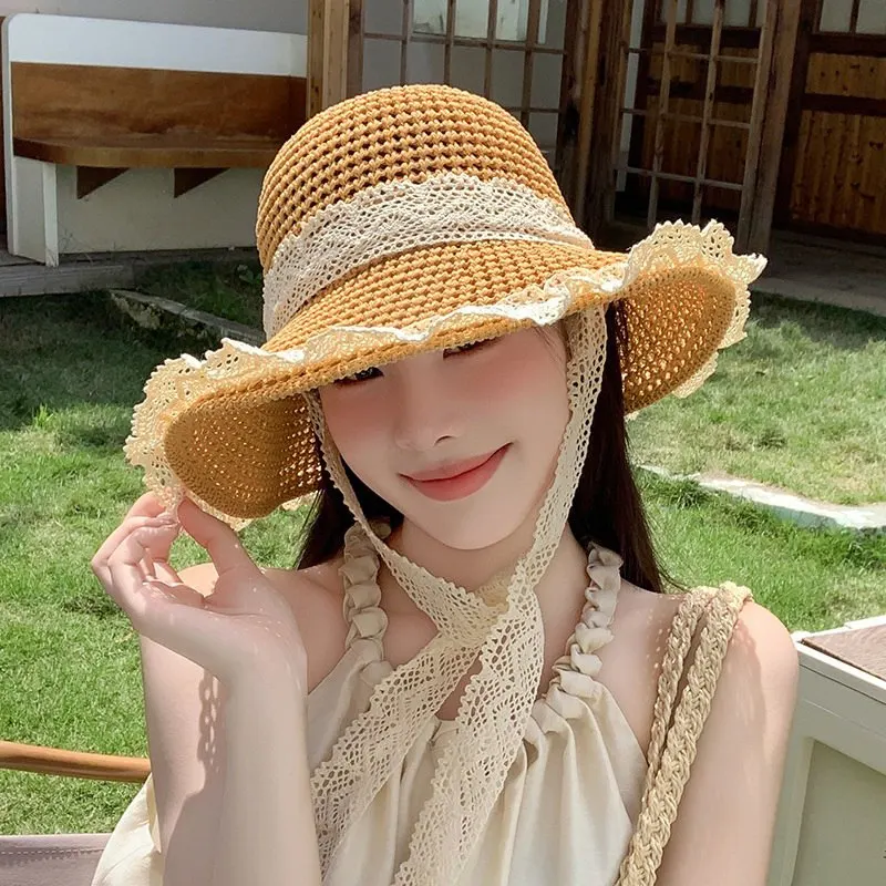 Women Straw Hat Lace Up Hollow Grass Knitted Hat Women's Summer Outing Sun Protection Beach  Sun Hat