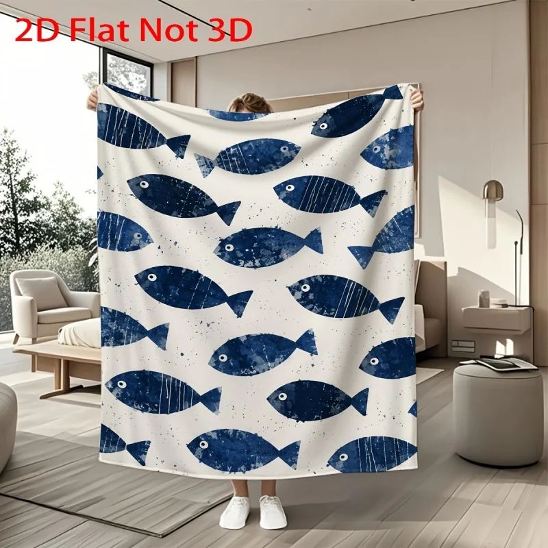 Navy Blue Cartoon Shark Ocean Repeat Print Flannel Throw Blanket, Soft Kids Blanket for Bedroom Beach Themed Sofa Decor