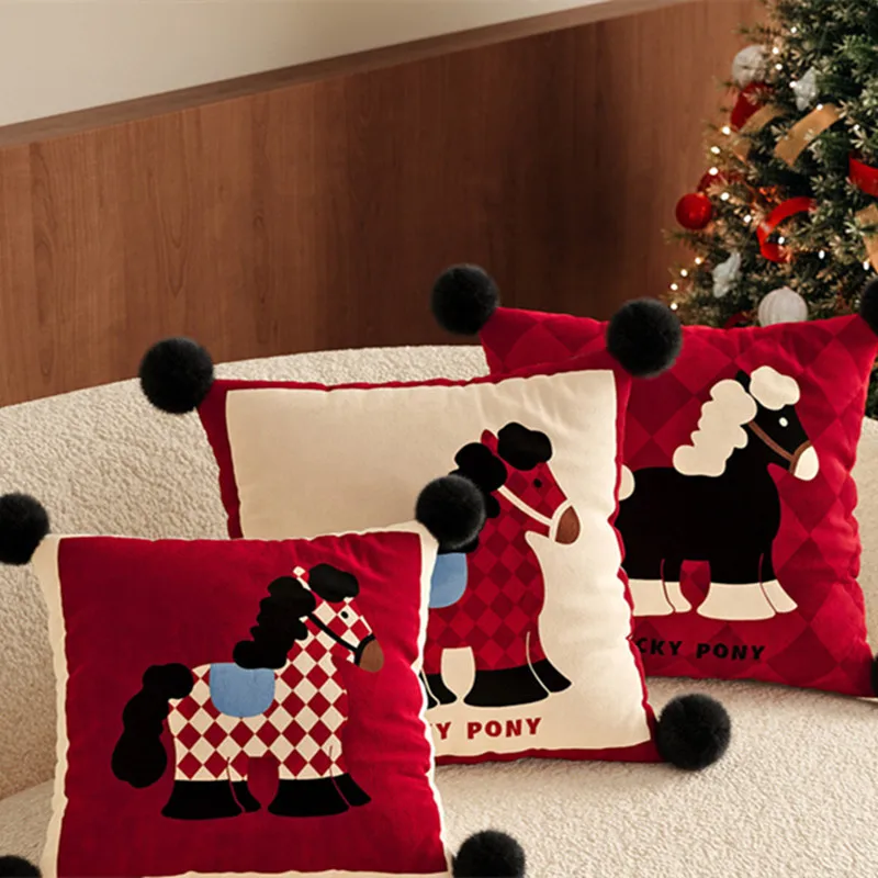 Pony Cushion Cover Red Velvet Pillowcase Shell Square 45x45cm With Pom-Pom Soft Light Luxury For Home Bed Couch Sofa Car Cute