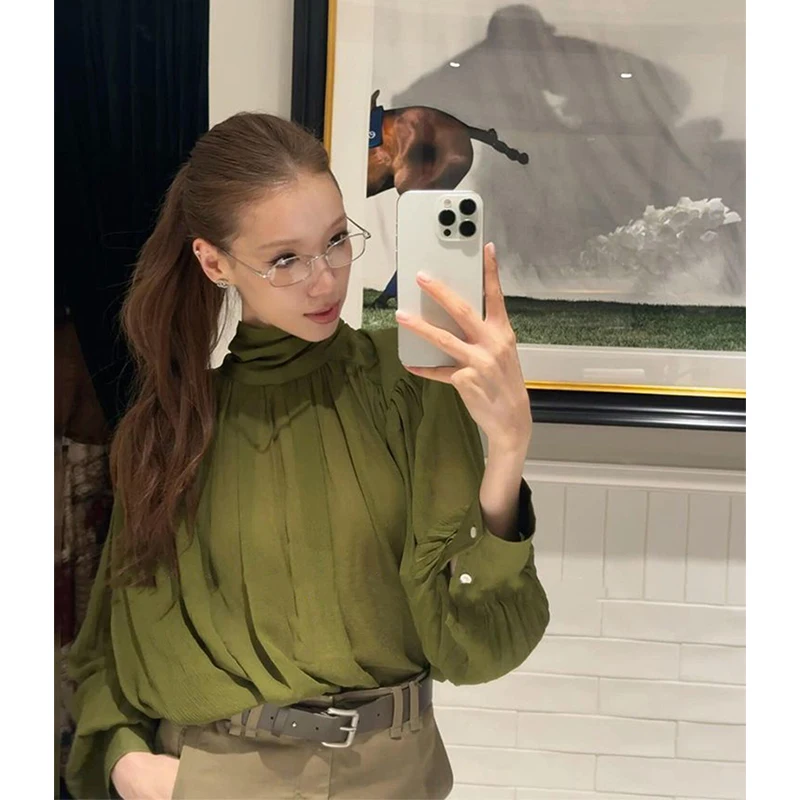 Vintage Tie Shirts Women Streetwear Sexy V Neck Folds Blouses Summer Office Ladies Korean Lace Up Long Sleeve Loose Design Tops