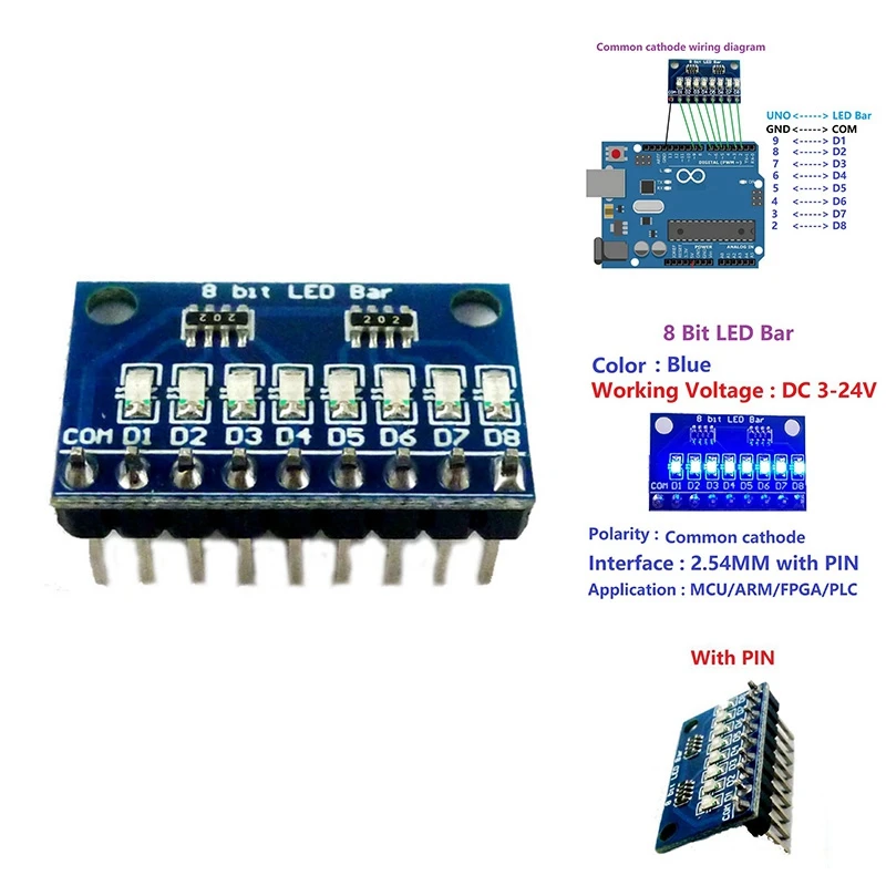 3.3v 5v 8 bits azul cátodo comum módulo indicador led kit diy para arduino nano uno raspberry pi 4 nodemcu v3