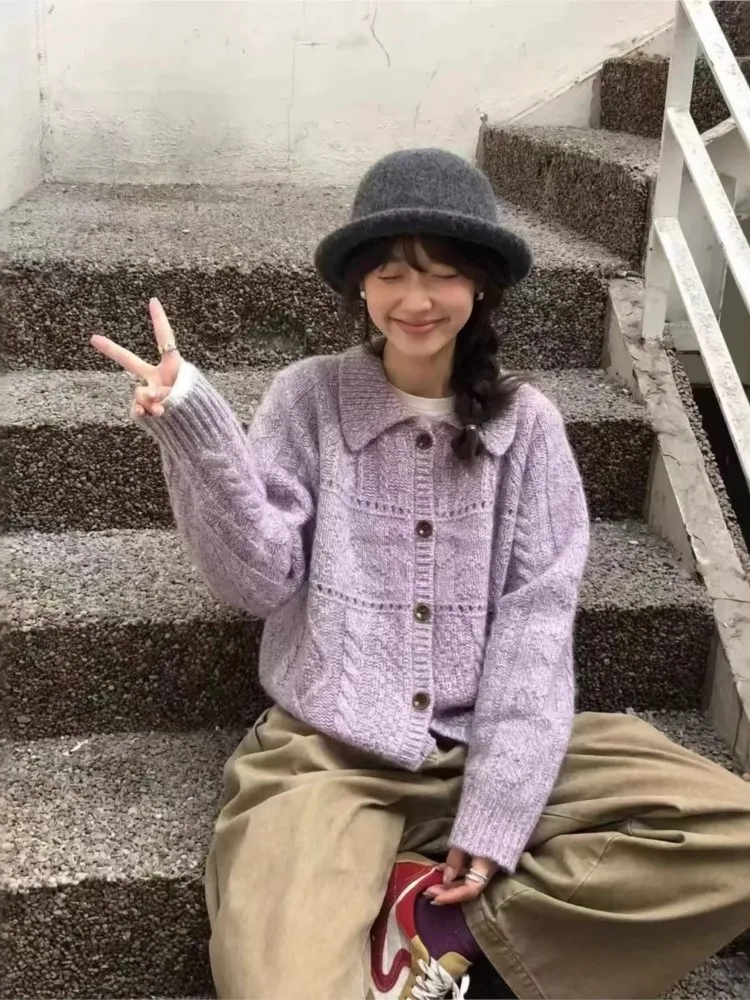 

Vintage Cardigans All-match Loose Simple Style Sweater Winter Coat Clothes Woman Pulls Femmes Fresh And Sweet Solid Color Lapel