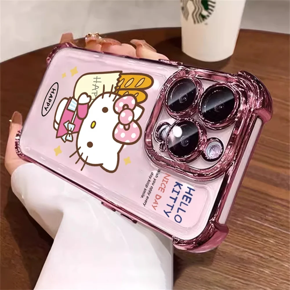 Clear Armor Hello Kitty Phone Case For iPhone 16 15 14 13 12 11 16 Pro Max Luxury Shockproof Bumper Protection Plated Back Cover