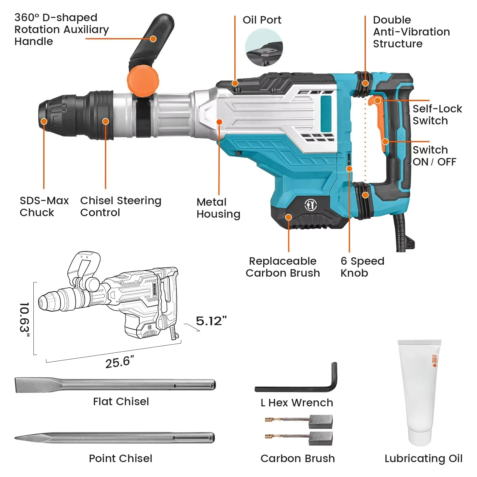 1700W 25-Pound SDS-Max Demolition Jack Hammer, 1-9/16